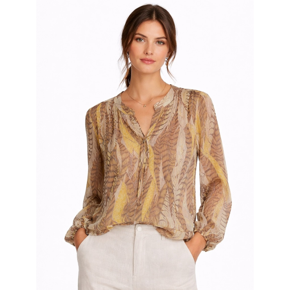 Club Monaco Sheer Silk Top in Neutral Leaf Stripe